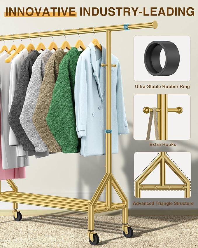 Upgraded 100% Stainless Steel Clothing Rack Load 760LBS, Heavy Duty Clothes Racks with Larger & Sturdy Wheel, Extendable & Adjustable Rolling Garment with Shelves (1 Single Rod, Gold)