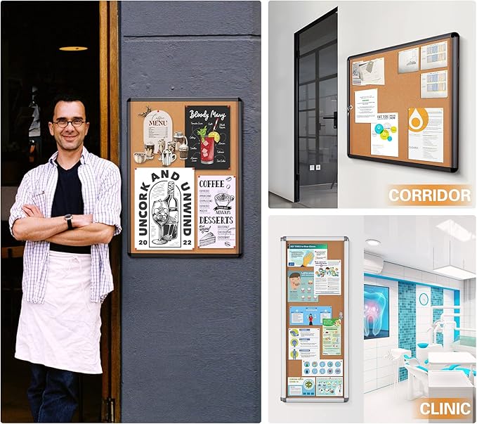 SWANCROWN Enclosed Cork Bulletin Boards Wall-Mounted Noticeboard Protective Display Case for Retail School Apartment 28x26 inch (6xA4)