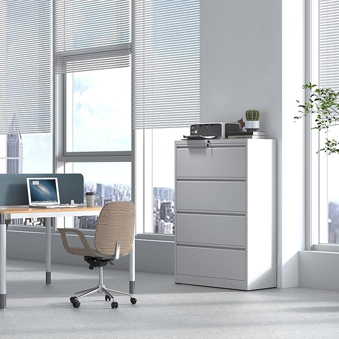 Lateral File Cabinet 4 Drawer, Metal File Cabinets for Home Office Legal/Letter A4 Size, File Cabinet with 4 Lock, Require Assembly, White