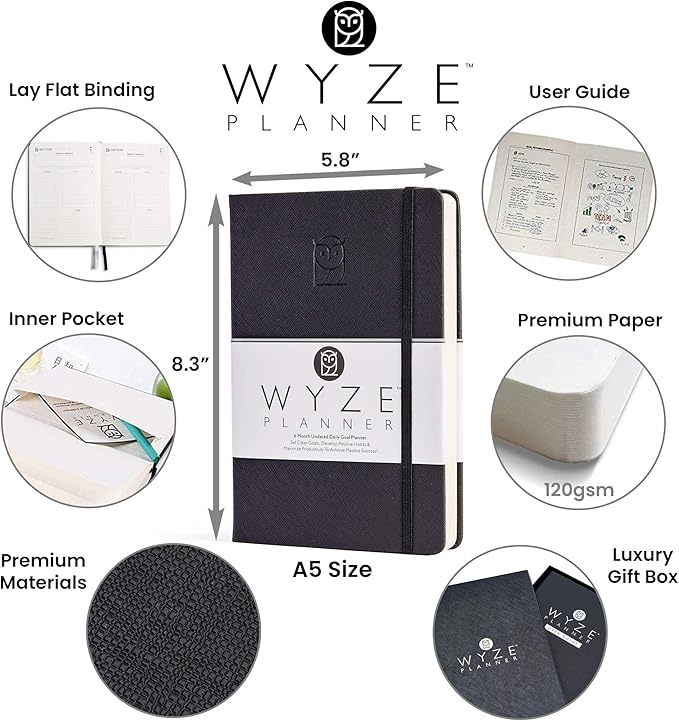 Undated Daily Planner – 6-Month A5 Productivity Organizer with Full Page Per Day, Hourly Schedule, Goal Setting, Habit Tracker, Weekly & Monthly Pages – Hardcover Time Management Notebook (Black)