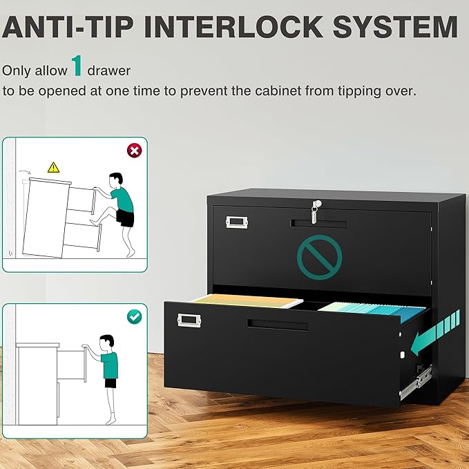 SISESOL 2 Drawer Lateral File Cabinet with Lock,Black Lateral Filing Cabinet,Horizontal Metal Filing Cabinets,Locked Wide Two Drawer File Cabinets for Office Home,Fit A4/F4/Letter/Legal File
