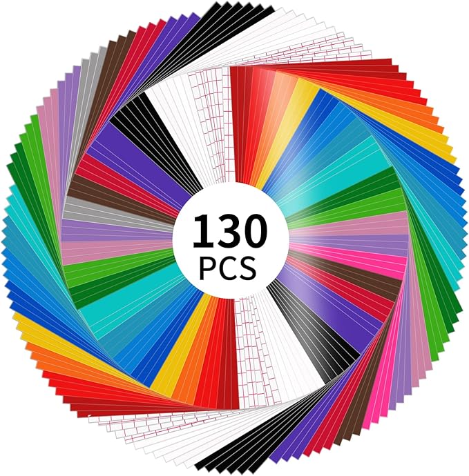 LYA Vinyl 130 Pack Permanent Vinyl - 12 "x12 Self Adhesive Vinyl Sheets，120 Sheets & 10 Transfer Tape Sheets for Cutting Machines and Decor Sticker