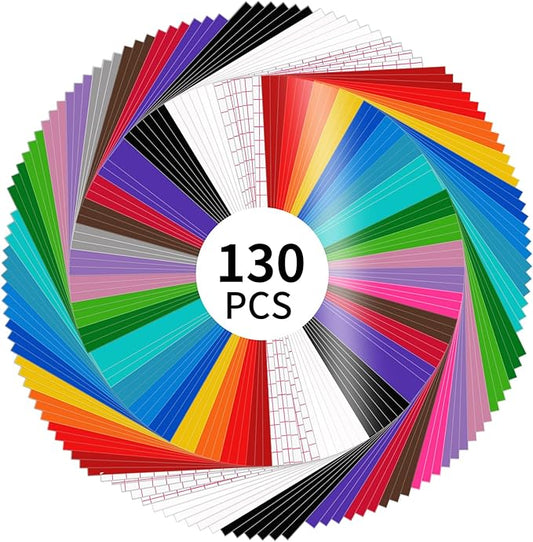 LYA Vinyl 130 Pack Permanent Vinyl - 12 "x12 Self Adhesive Vinyl Sheets，120 Sheets & 10 Transfer Tape Sheets for Cutting Machines and Decor Sticker