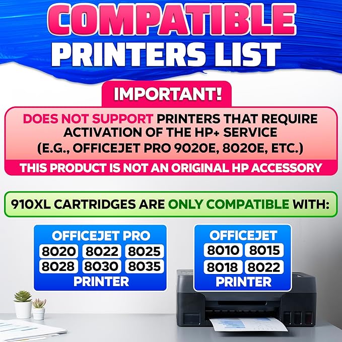 910XL Printer Ink Cartridges 4 Pcs – Includes 910XL Black & Color Ink – Compatible with HP 8020, 8025, 8028, 8030, 8035, 8010, 8015, 8018, 8022 – Quality Prints – Easy Installation
