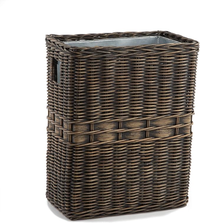 The Basket Lady Large Rectangular Wicker Waste Basket with Metal Liner, 14.5 in L x 9 in W x 18 in H, Antique Walnut Brown