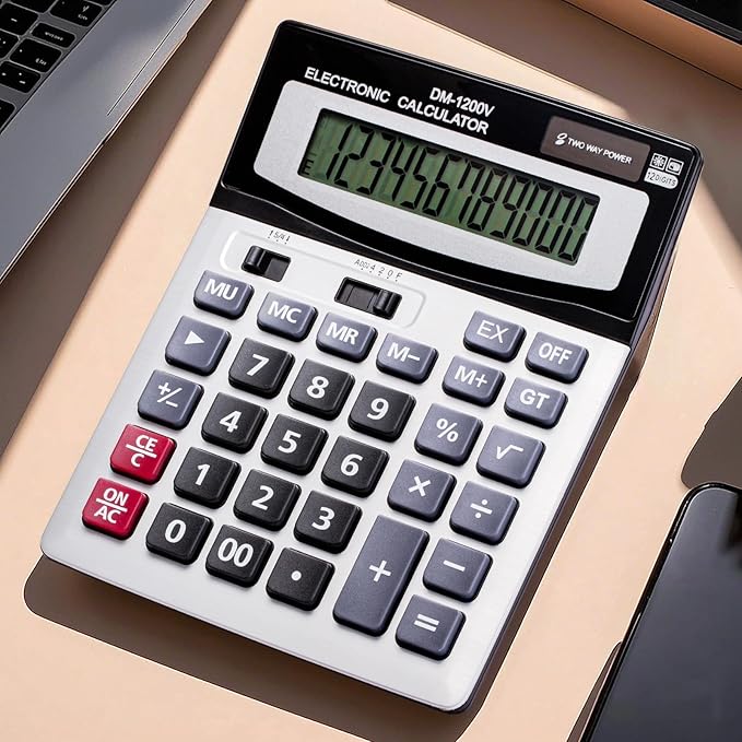 12 Digit Desktop Calculator with Large LCD Display and Sensitive Button, Dual Solar Power and Battery, Standard Function for Office (YE1200v)