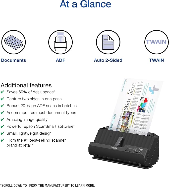 Epson Workforce ES-C220 Compact Desktop Document Scanner with 2-Sided Scanning and Auto Document Feeder (ADF) for PC and Mac