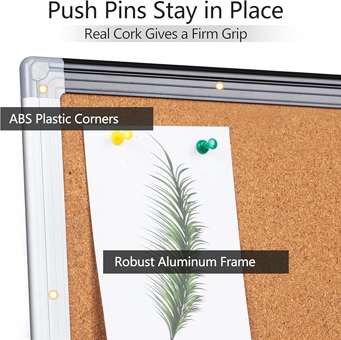 Board2by Cork Board Bulletin Board 20" x 30", Black/Silver Aluminium Framed Corkboard, Office Board for Wall Decor, Large Wall Mounted Notice Pin Board with 18 Push Pins for School, Home & Office