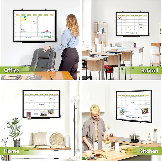 Dry Erase Calendar Whiteboard for Wall, 24" x 18" Magnetic Monthly White Board Calendar with Black Aluminum Frame, Double-Sided Hanging Dry Erase Board for Office, Home, School