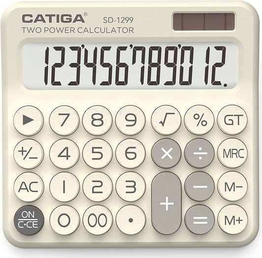 CATIGA Mechanical Switch Calculator with Solar and Battery Dual Power, 12-Digit Large LCD Display, Aesthetic and Cute Desktop Calculator with Big Button, for Home, School and Office Use, SD-1299