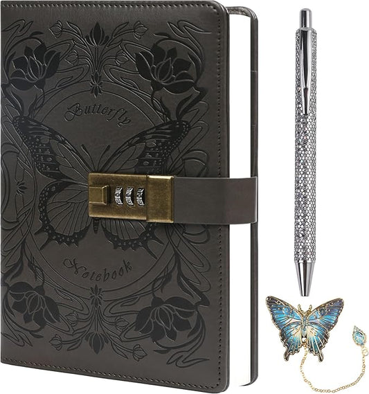 TIEFOSSI Diary with Lock for Women Girls, Lined Locked Journal, Butterfly Journal Notebook with Pen and Bookmark, A5 Refillable Locking Journals for Writing, 224 Numbered Pages