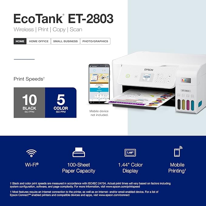 Epson EcoTank ET-2803 Wireless Color All-in-One Cartridge-Free Supertank Printer with Scan, Copy and AirPrint Support