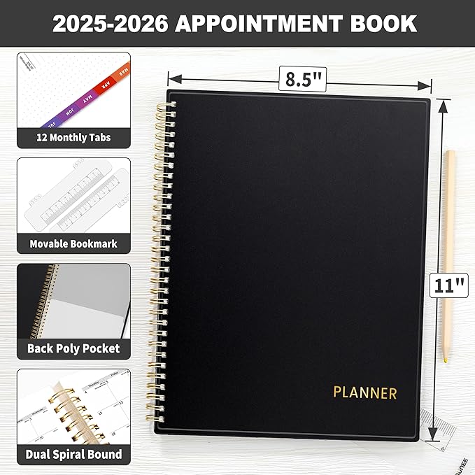 SUNEE 2025-2026 Appointment Book, Quarter-Hourly, Weekly & Monthly - from July 2025 to June 2026, 8.5"x11" Academic Planner, Flexible Cover, Note Pages, Bookmark, Spiral Binding, Black