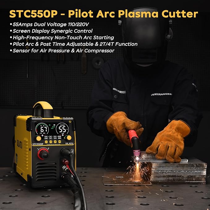 SILATU 55Amps Plasma Cutter, Large LED Display, Non-Touch Pilot Arc, Air Sensor Technology, 110/220V Dual Voltage IGBT Inverter Plasma Cutter Machine, 1/2'' Clean Cutting Thickness for Beginners DIY