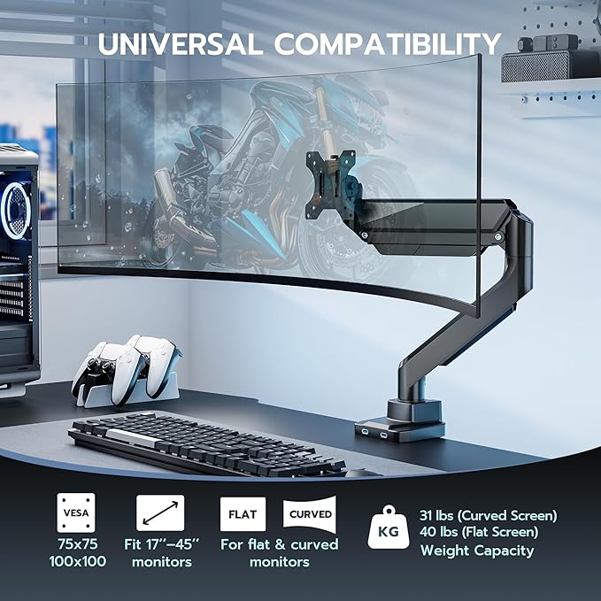 ARES WING Single Monitor Arm, Heavy Duty Adjustable Monitor Arm for 13"-45" Screens with USB, Gas Spring Desk Mount Stand with C Clamp/Grommet Mounting Base up to 40lbs Computer, Black