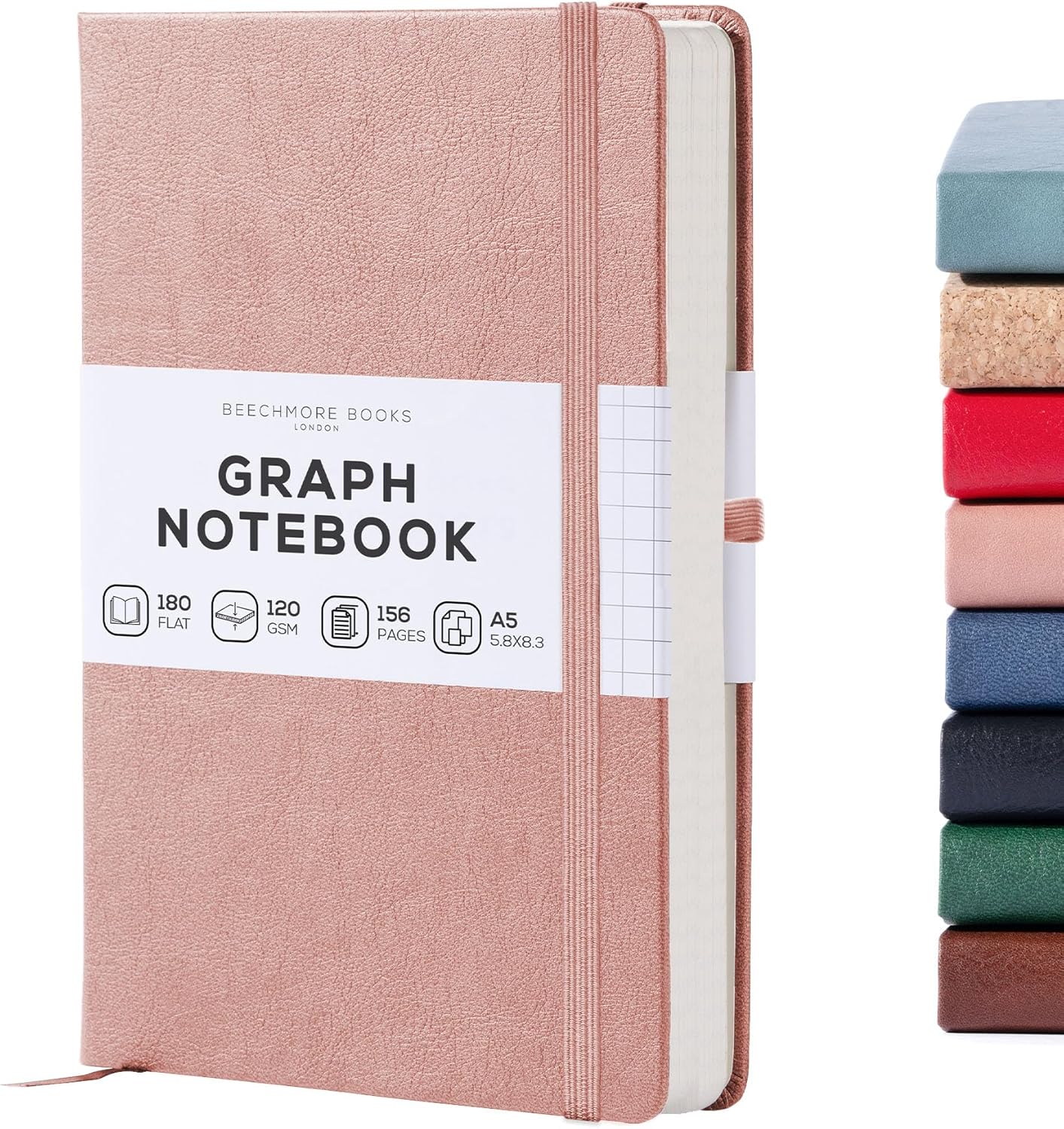 BEECHMORE BOOKS Graph Paper Notebook - Regular, Pink | Premium Square Grid Math & Science Journal | 5.75" x 8.25" Hardcover Vegan Leather | Thick 120gsm Cream Graph Paper | Gift Box for Men & Women