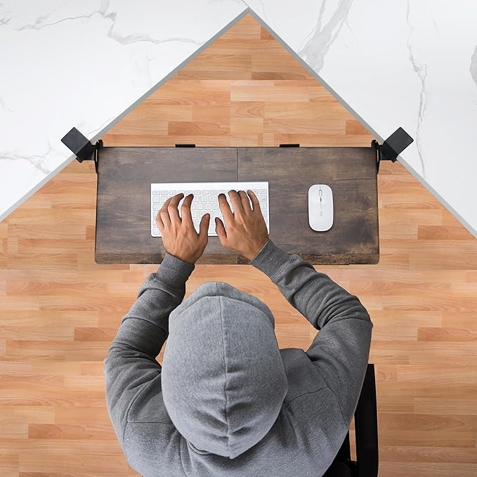 ETHU Keyboard Tray Under Desk, Ergonomic Corner Keyboard Tray with 180° Adjustable C Clamp for L Shape Desk 26.77" X 12.2" Easy to Install, Computer Keyboard Stand for Home and Office(Wood)