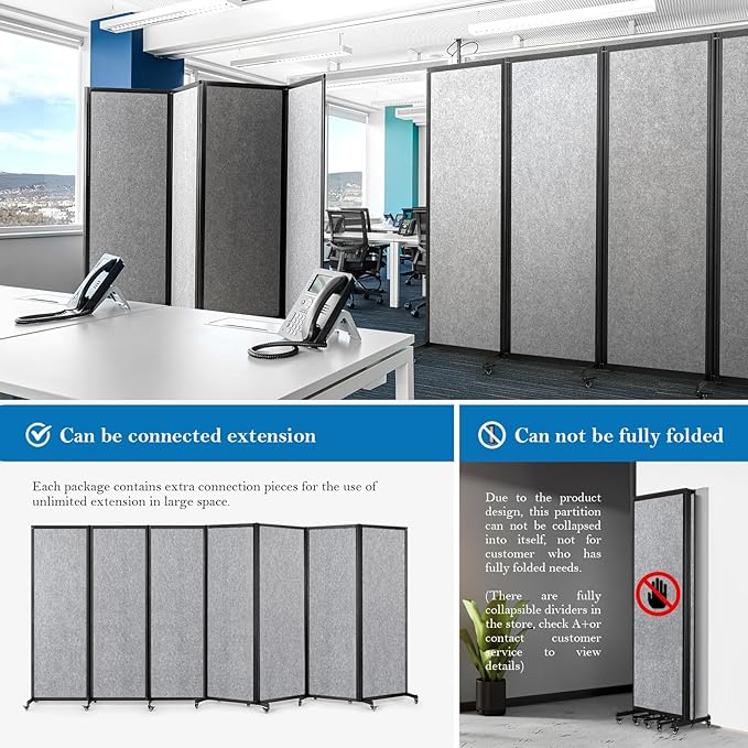 Room Partition,Office Divider,Portable Commercial Screen Dividers,Privacy Partition Separator,Classroom School Dividers,12'7"L* 6'7"H,6 Panel,Light Grey