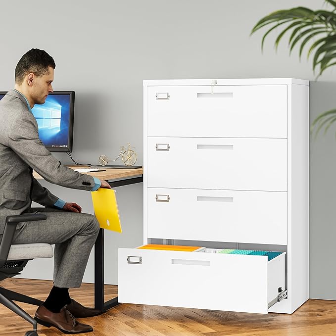 4 Drawer Lateral File Cabinet with Lock,White Lateral Filing Cabinet,Horizontal Metal Filing Cabinet,Locked Wide Four Drawer File Cabinet for Office Home,Fit A4/F4/Letter/Legal File,-Assembly Required