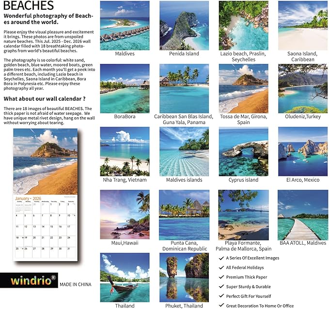 2025 Wall Calendar,Calendar 2026, July 2025 - December 2026, Wall Calendar Beaches, 12" x 24" Opened,Full Page Months Thick & Sturdy Paper for Calendar Organizing & Planning