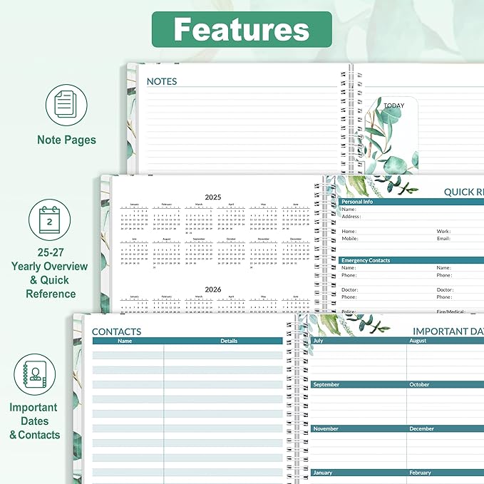 SUNEE 2025-2026 Appointment Book, Quarter-Hourly, Weekly & Monthly - from July 2025 to June 2026, 8.5"x11" Academic Planner, Flexible Cover, Note Pages, Bookmark, Spiral Binding, Leaves