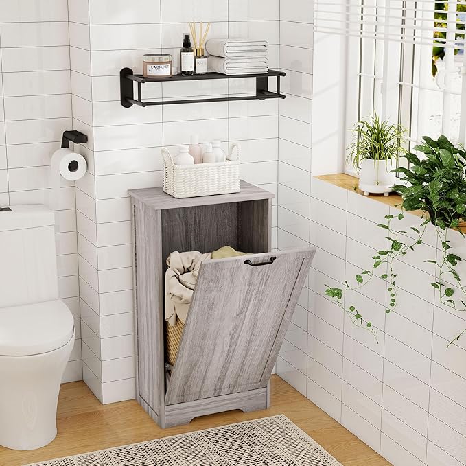 Tilt Out Trash Can Cabinet, Wooden Dog Proof Trash Can Cabinet Laundry Hamper, Hidden Large Recycling Bins for Kitchen, Living Room, Bathroom, Wash Grey