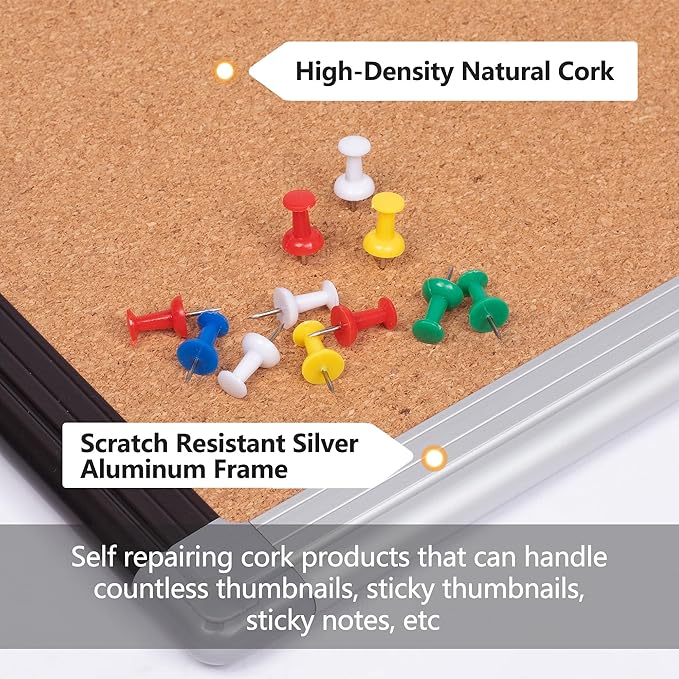 Board2by Cork Board Bulletin Board 24" x 36", Black/Silver Aluminium Framed Corkboard, Office Board for Wall Decor, Large Wall Mounted Notice Pin Board with 18 Push Pins for School, Home & Office