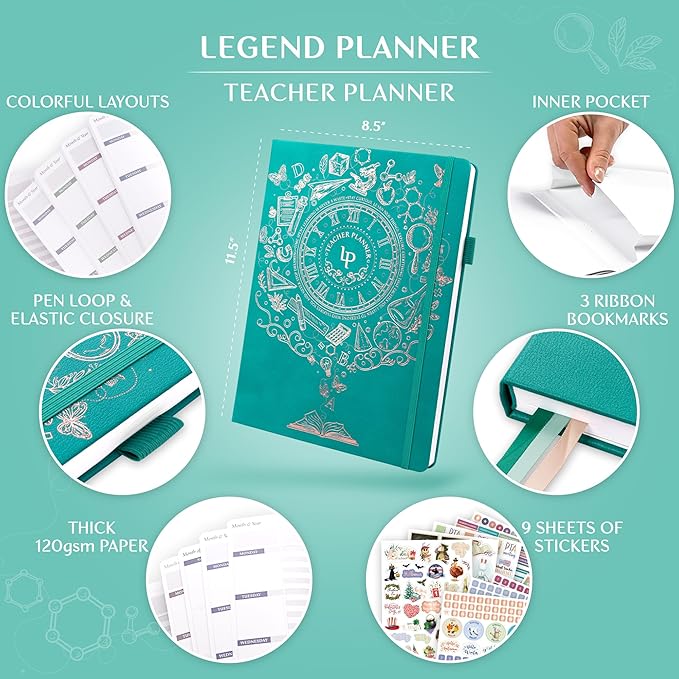 Legend Teacher Planner – Undated Lesson Plan Book for Teachers with Weekly & Monthly Calendars - Classroom Organization & School Year Planner – 8.5”x11.5” Hardcover (Viridian Green)