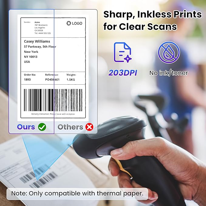 Bluetooth Thermal Label Printer – 4x6 Shipping Label Printer for Small Businesses & Shipping Packages, Compatible with Android, iPhone, and Windows, Ideal for Amazon, eBay, Shopify, Etsy (White)