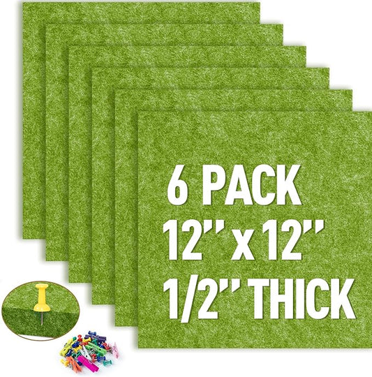 AKTOP Cork Bulletin Board 12x12, 1/2" Thick Felt Cork Board Tiles 6 Pack, Small Square Pin Board for Wall, Self Adhesive Corkboards with 60 Push Pin Wood Clips for School, Home & Office, Green