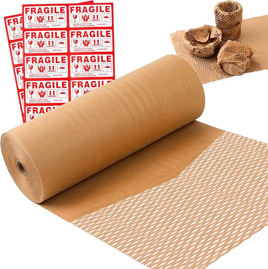 Honeycomb Packing Paper 15" Width X 200 FT for Moving Glass Dishes Recyclable Wrapping Paper Bubble Wrap Packing Material for Shipping Fragile Items Shipping Filler with 20 Fragile Stickers