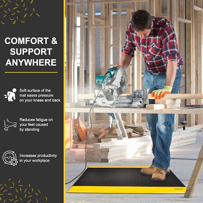 Vergo Industrial 15/16” Extra Thick Anti Fatigue Mat - Heavy Duty Commercial Grade Diamond Plate Ergonomic Standing, Non-Slip Black with Yellow Anti Fatigue Floor Mat for Work, Shop (1-Pack 3' x 5')