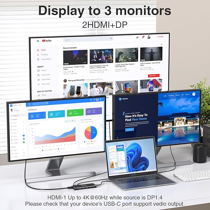USB C Docking Station 3 Monitors USBC Hub Laptop Dual Monitor Multiport Adapter Dock Dongle,USBC to 2 HDMI,4K DisplayPort,PD Charging,Ethernet,7 USB-C/A Ports,SD/TF,Audio for Dell/HP/Lenovo(Black)