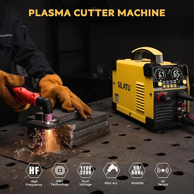 SILATU 65Amps Plasma Cutter, Large LED Display, Non-Touch Pilot Arc, Air Sensor Technology, 110/220V Dual Voltage IGBT Inverter Plasma Cutter Machine, 14mm Clean Cutting Thickness for Beginners DIY