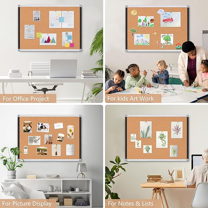 Board2by Cork Board Bulletin Board 24" x 36", Black/Silver Aluminium Framed Corkboard, Office Board for Wall Decor, Large Wall Mounted Notice Pin Board with 18 Push Pins for School, Home & Office