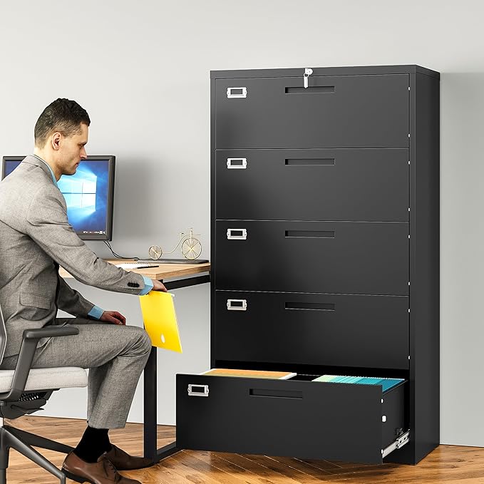 SISESOL 5 Drawer Lateral File Cabinet with Lock,Black Lateral Filing Cabinet,Horizontal Metal Filing Cabinets,Large Locked Wide Five Drawer File Cabinets for Office Home,Fit A4/F4/Letter/Legal File