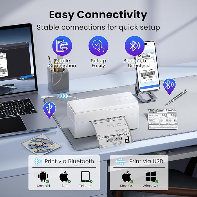 Bluetooth Thermal Label Printer – 4x6 Shipping Label Printer for Small Businesses & Shipping Packages, Compatible with Android, iPhone, and Windows, Ideal for Amazon, eBay, Shopify, Etsy (White)