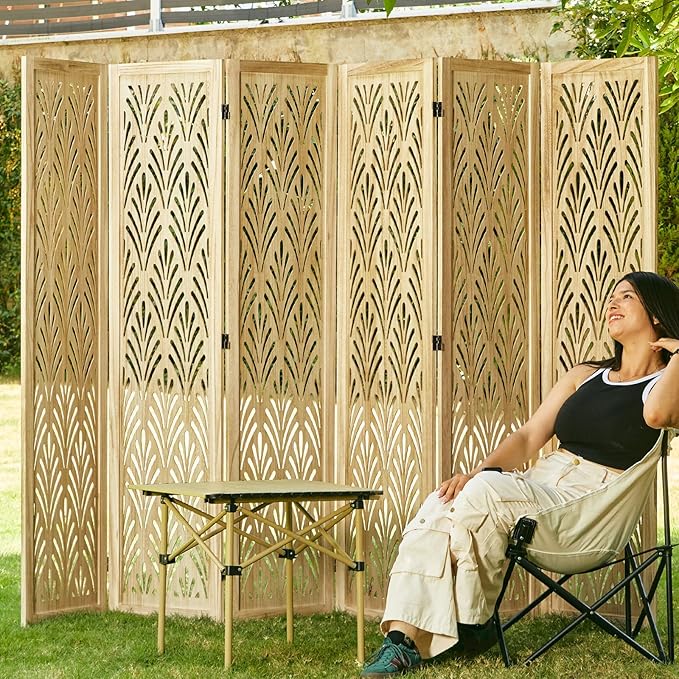 5.6Ft Room Divider Folding Wood Simple Carved Partition Screen for Home Office Garden - 6 Panels (Natural)