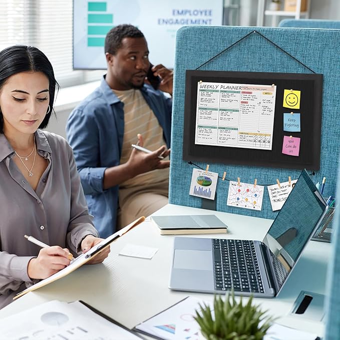 Miratino Pin Board Bulletin Board, 16 "x11 Black Linen Cork Boards for Walls with Black Frame ，Vision Board for Home Kitchen School Office Decor