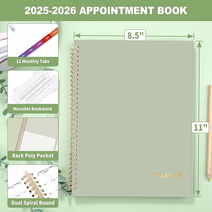 SUNEE 2025-2026 Appointment Book, Quarter-Hourly, Weekly & Monthly - from July 2025 to June 2026, 8.5"x11" Academic Planner, Flexible Cover, Note Pages, Pockets, Bookmark, Spiral Binding, Sage Green