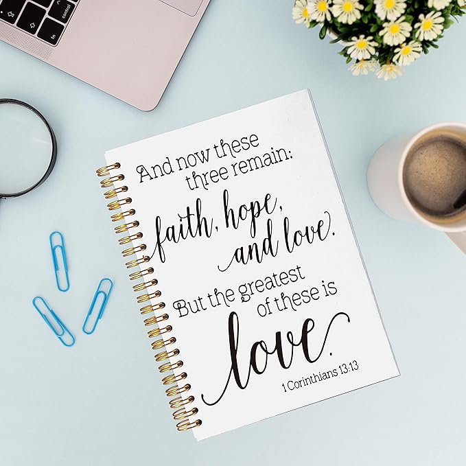 VNWEK Christian Bible Scripture 1 Corinthians 13:13 and Now These Three Remains Spiral Notebook Journal 5.5 x 8.3 inches,Christian Themed Lined Hardcover Spiral Notebook,Gifts for Women Teens Girls