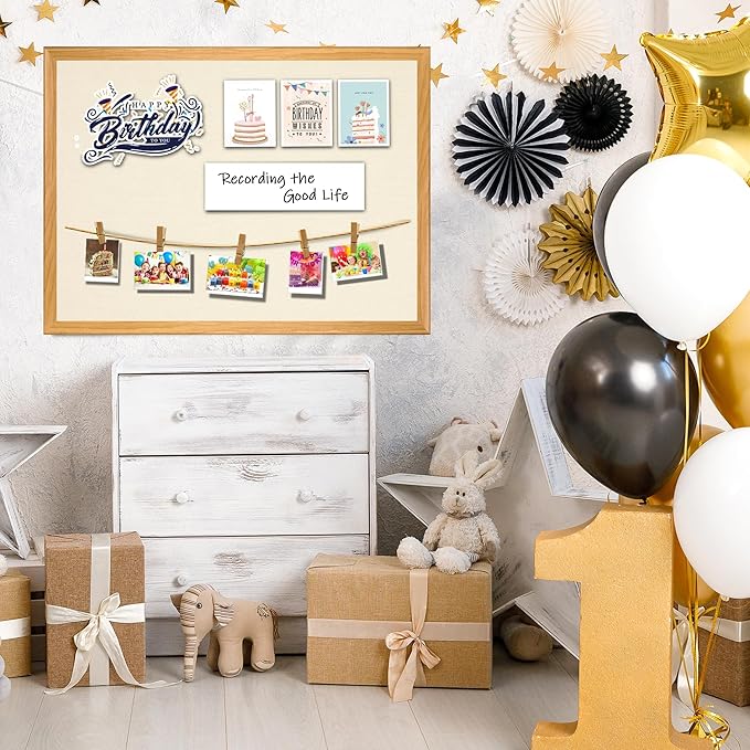 SHANTRA 24 x 18 Inch Bulletin Board with Beige Fabric, Wood Framed Canvas Cork Board, Corkboard for Walls with 10 Pins, Decorative Vision Board, Wall Mounted Notice Board for Home, Office, School