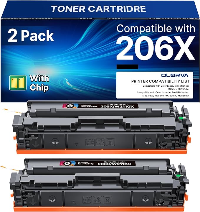 206X Black Toner Cartridge Replacement for 206X 206A Black to use with Color Pro MFP M283fdw M283cdw M283fdn M282nw M255dw M255nw M283 M255 Printer(W2110X W2110A, 2 Packs)