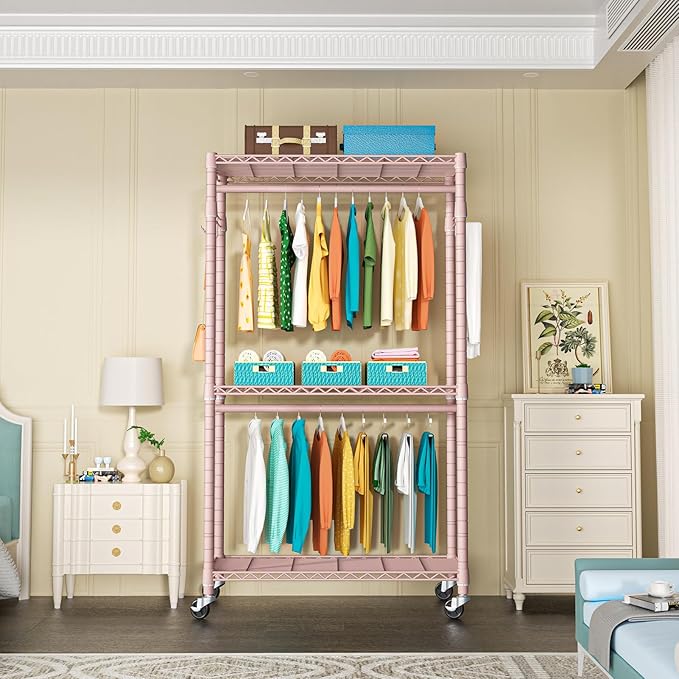 P1 Heavy Duty Garment Rack, 3 Tiers Adjustable Rolling Metal Closet Organizer with Lockable Wheels, FreeStanding Wardrobe with Double Hanger Rods & 1 Pair Hooks, Max Load 450 LBS, Pink