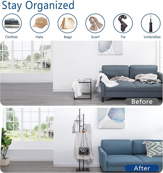 Coat Rack Freestanding with Square Marble Base Heavy Duty Metal Clothes Rack Hanging Stand for Entryway Bedroom Living Room Hotel 14.96 x 10.24 x 68.9 Inches (Black)