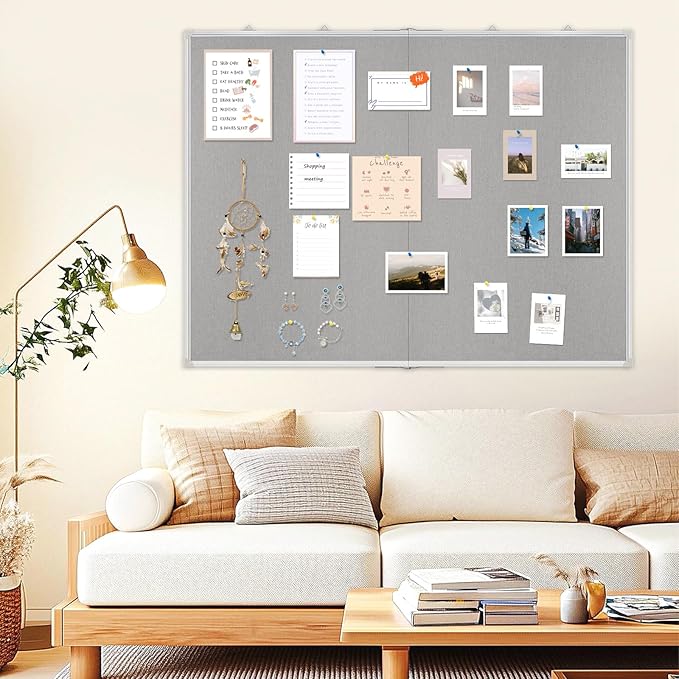 Double-Sided Large Cork Board with Linen, 48" x 36" Foldable Hanging Aluminum Framed Bulletin Board, Vision Board Pin Board Corkboards for Walls, Office, School Decor, 20 Pushpins