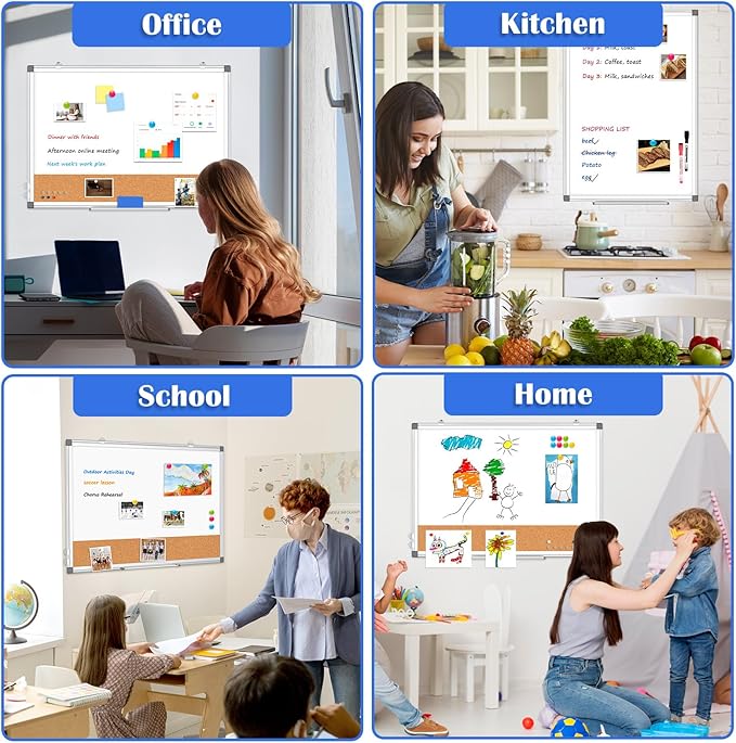 Whiteboard Cork Board Combo for Wall, WALGLASS 36" x 24" Double-Sided Large Dry Erase Whiteboard Corkboard Combination, Hanging Wall Mount Bulletin Board with Aluminum Frame for Office, Home, School