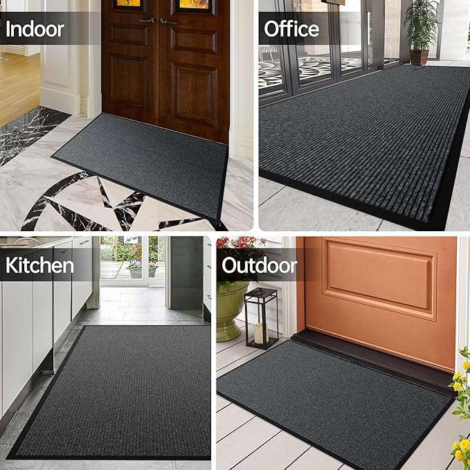 Front Door Mat, 2' x 6' Heavy Duty Indoor Outdoor Welcome Mat for Entryway, Commercial Entrance, Low Profile, Non-Slip, Durable Rubber Backing for Patio, Home