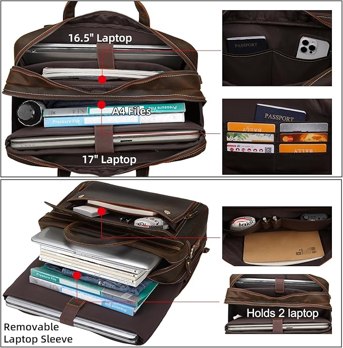 Masa Kawa Leather Briefcase for Men 15.6" - 17" Laptop Computer Case Business Travel Work Messenger Cross Body Shoulder Bag