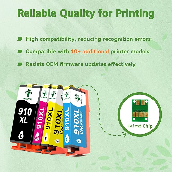 GREENSKY Remanufactured 910XL Ink Cartridges Replacement for HP 910xl Ink Cartridges Combo Pack with HP OfficeJet Pro 8025e 8015e 8028e 8035e 8025 8035 8020 Printer (Black, Cyan, Magenta, Yellow)